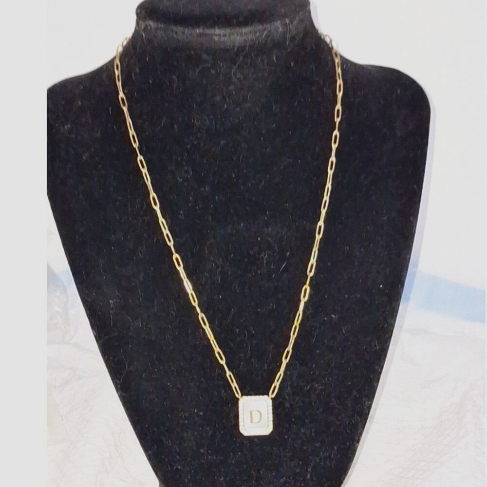 D Initial Necklace Gold Tone Paper Clip Chain Elegant Mother of Pearl Gift